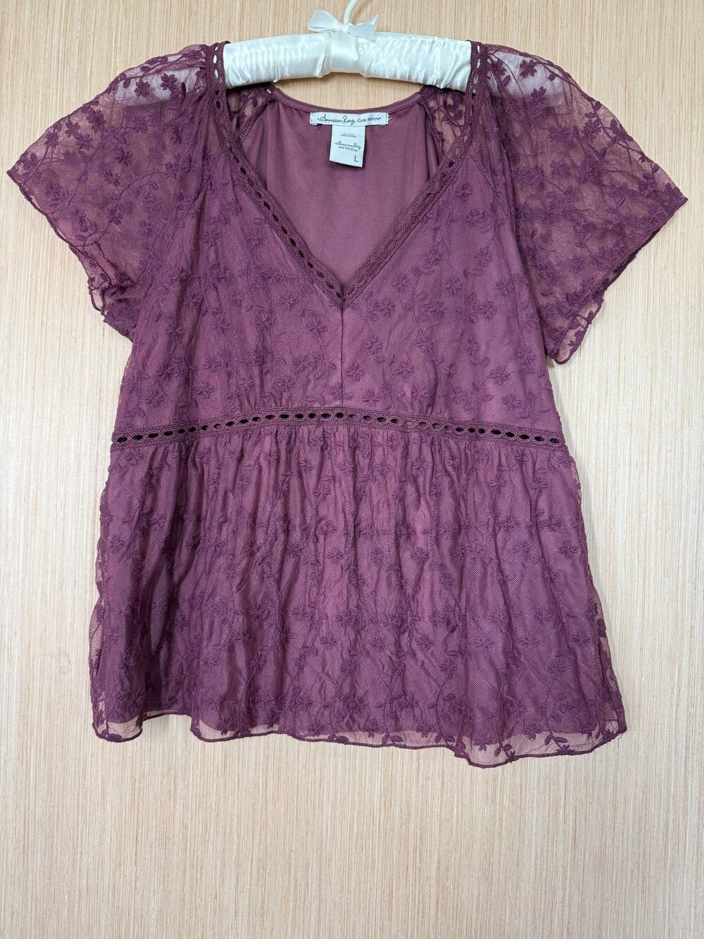 American Rag Floral Embroidered Mesh Top Size Large Plum Purple Whimsigoth